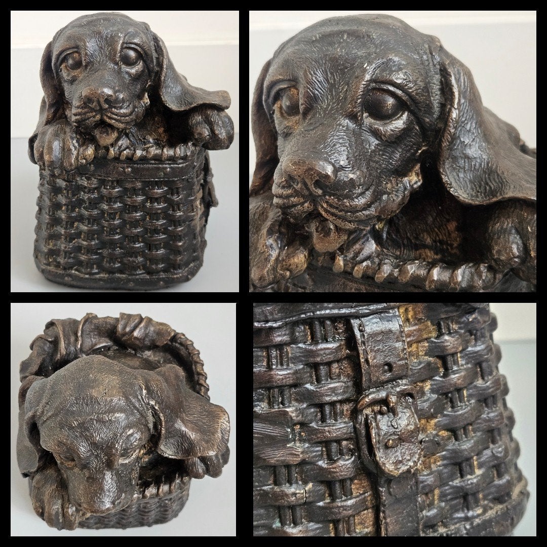 Brons, bronzen sculptuur van een puppy in mand, 2350 gram, Ophalen of Verzenden, Brons, Beeld