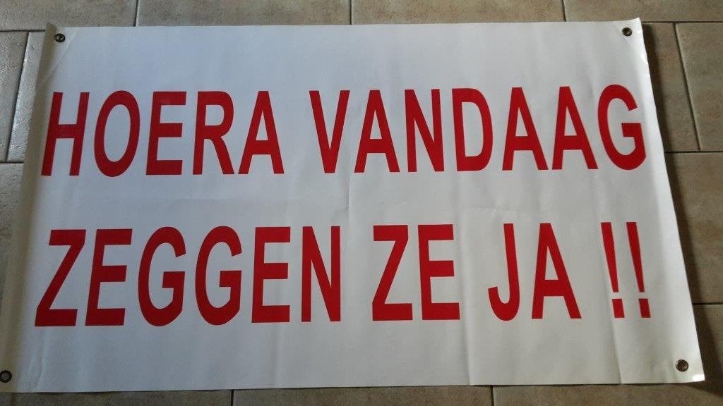 Spandoek hoera vandaag zeggen ze ja, Ophalen, Nieuw, Geboorte of Huwelijk