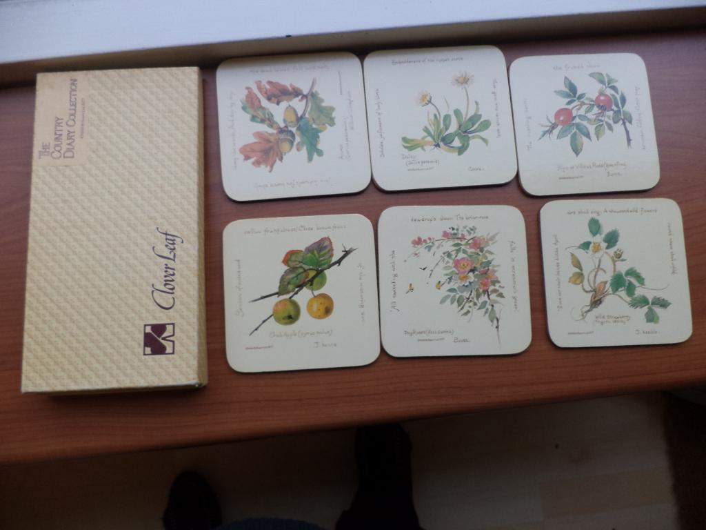 6 Onderzetters, coasters, Clover Leaf, bloemen/fruit, Huis en Inrichting, Ophalen of Verzenden, Zo goed als nieuw, Glas, Overige stijlen