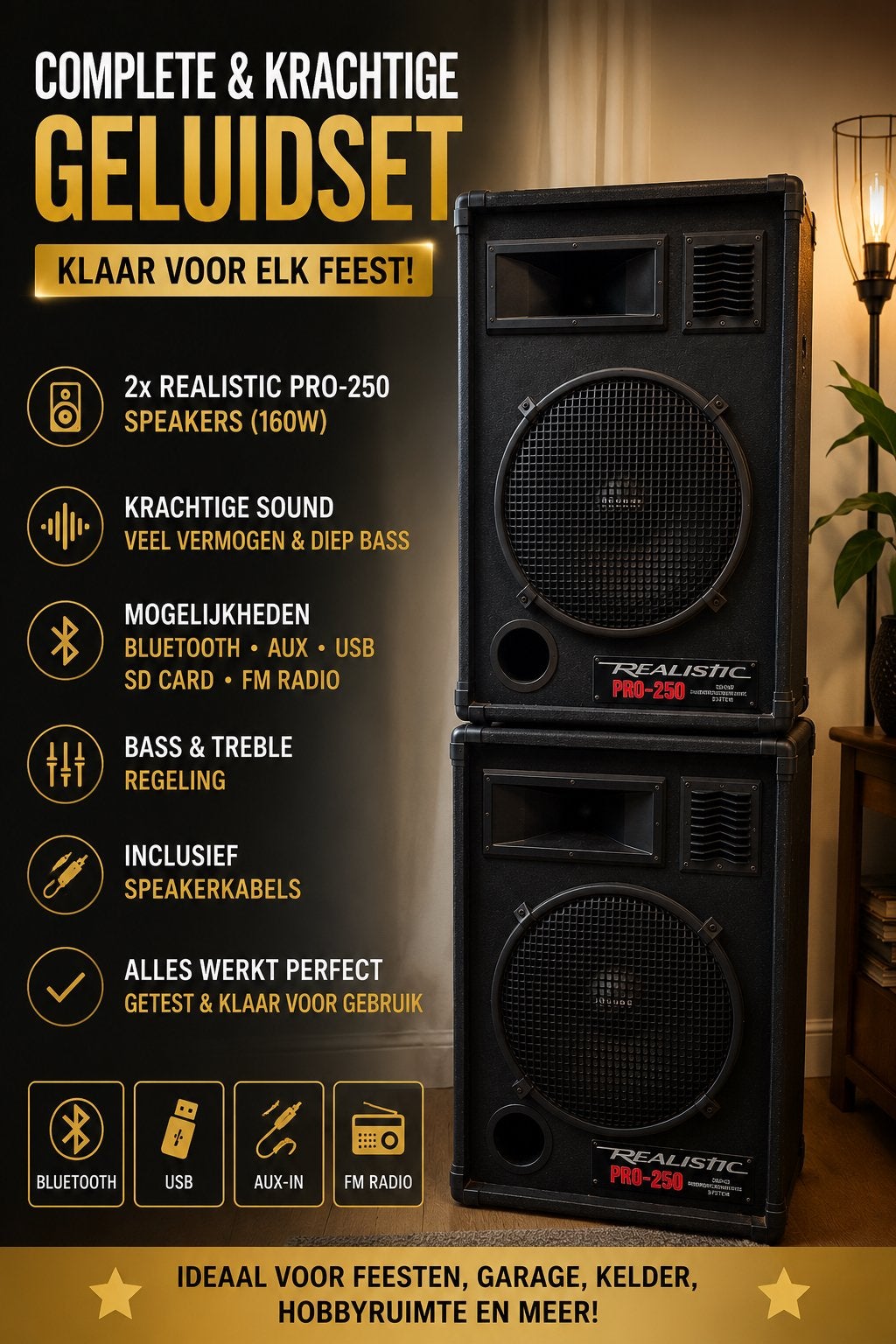Krachtige Geluidset – 2 Speakers + Bluetooth Versterker, Speakerset, Zo goed als nieuw, Inclusief kabels, Ophalen