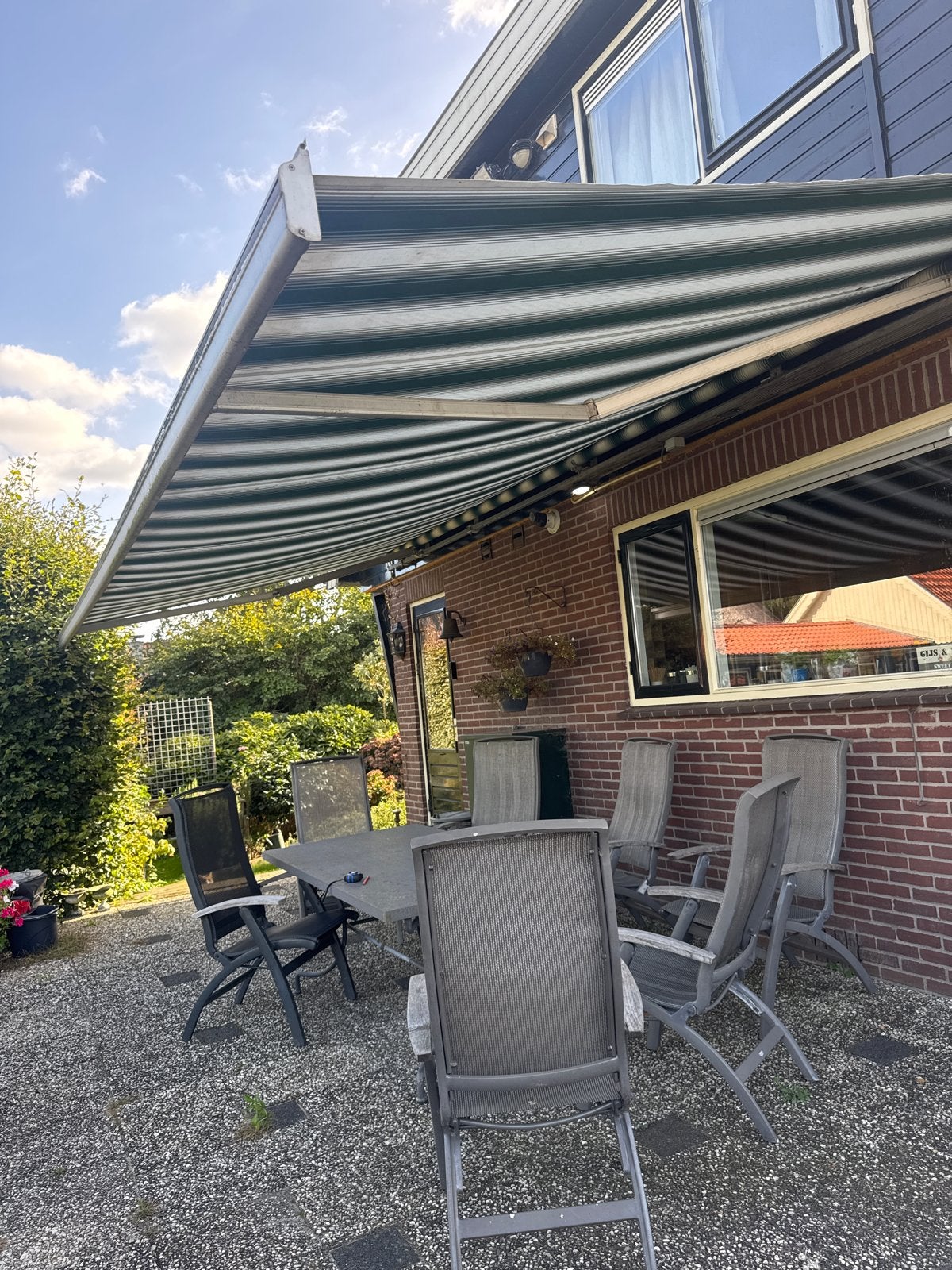 Knikarmscherm 6.60m breed, 3m uitval - Groen/Wit gestreept, Tuin en Terras, Ophalen, Gebruikt, 450 cm of meer, Elektrisch