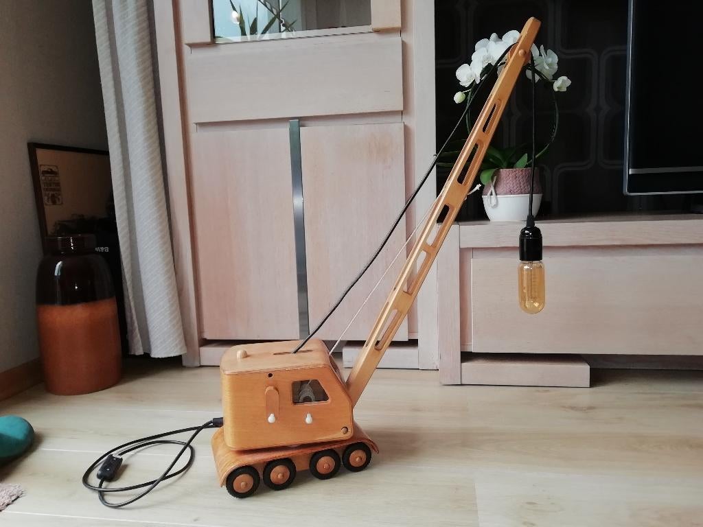 vintage houten draigline kraanwagen omgebouwd als lamp, Ophalen of Verzenden, Zo goed als nieuw, Vintage