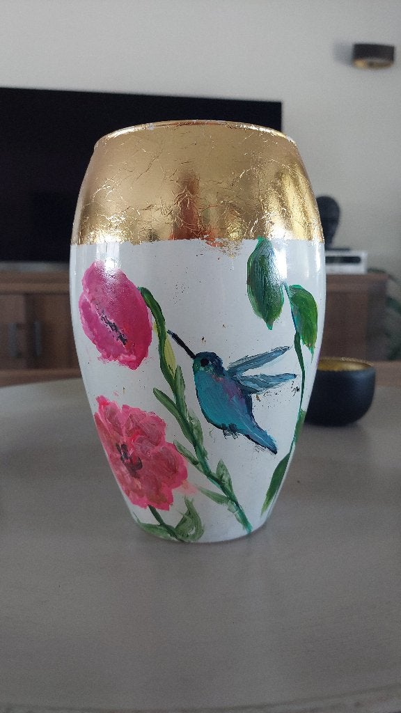 Handgeschilderde vaas met bloemen en kolibrie, Meerkleurig, Ophalen of Verzenden, Met patroon/structuur, Glas