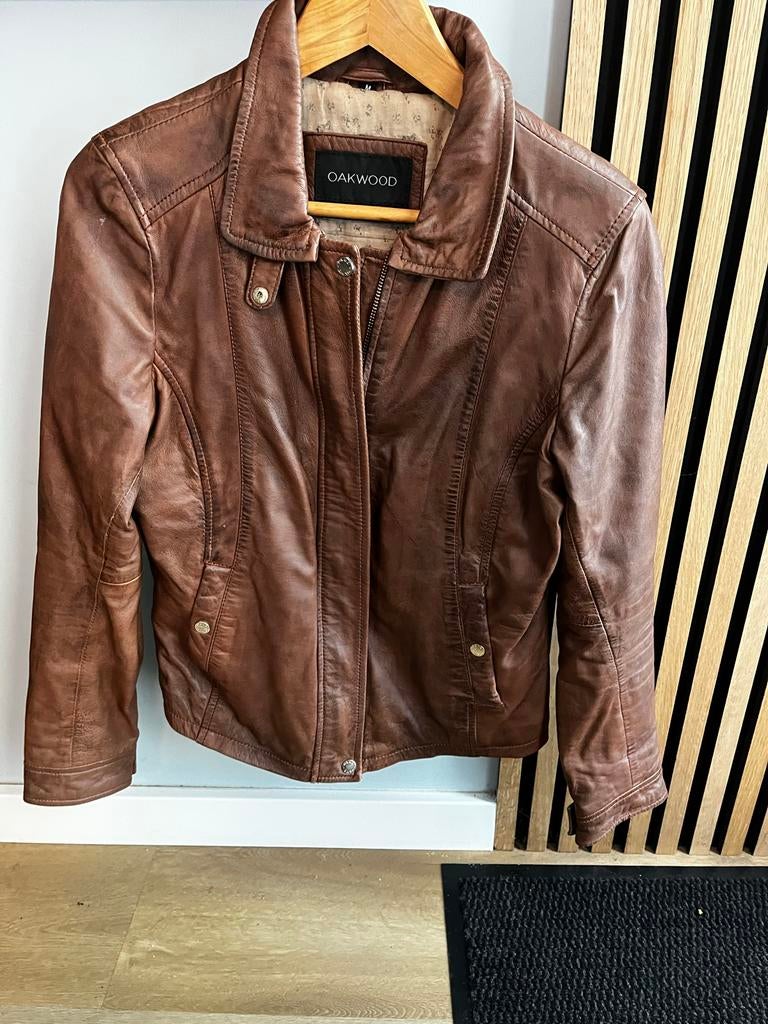 Bruine leren jas dames, maat M - Oakwood, Ophalen of Verzenden, Gedragen, Maat 38/40 (M), Bruin