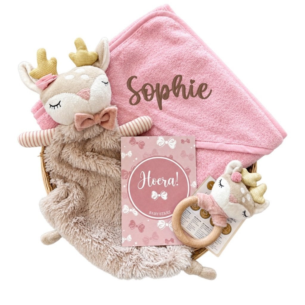 Kraamcadeau geboorte baby mand pink deer, The River House, Kraamcadeau, Info@theriverhouse.nl, Nieuw
