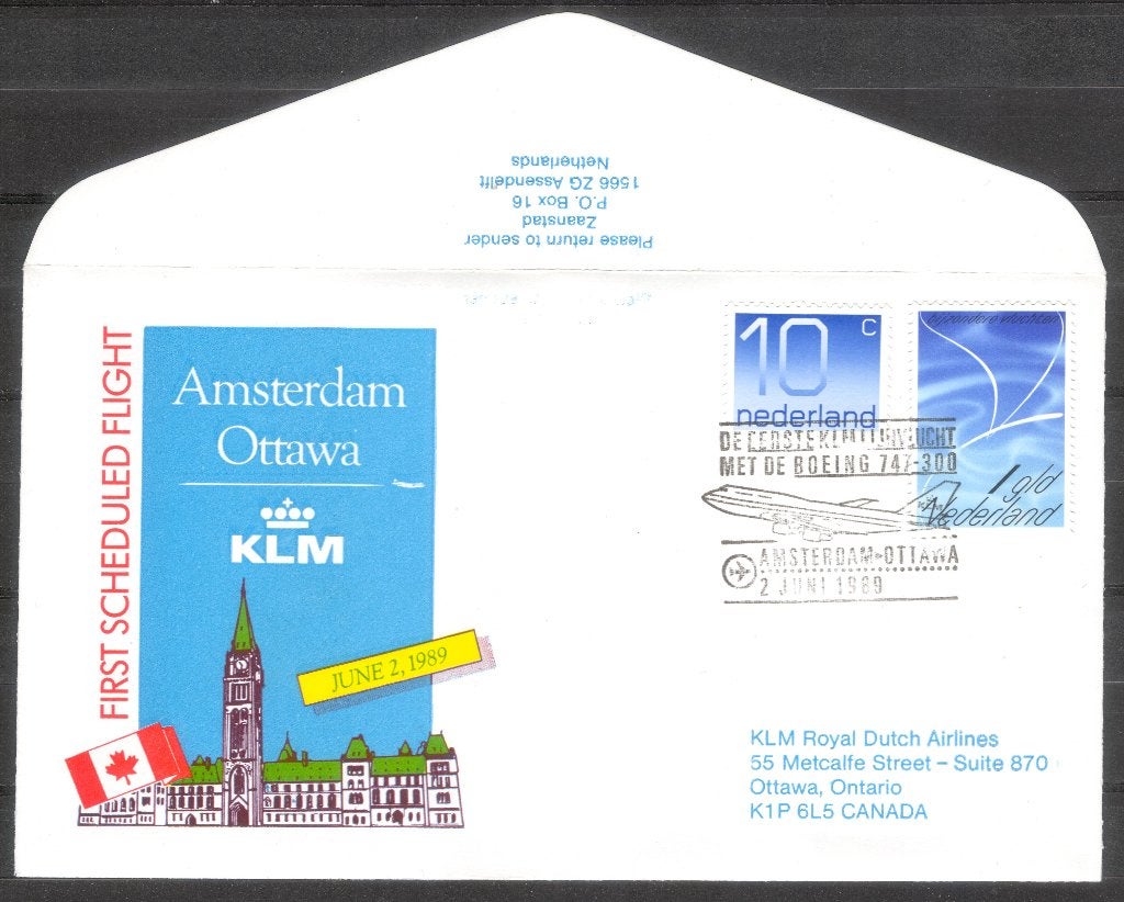 1e KLM vlucht Ottawa Canada 1989, Postzegels en Munten, Brieven en Enveloppen | Nederland, Verzenden, Envelop