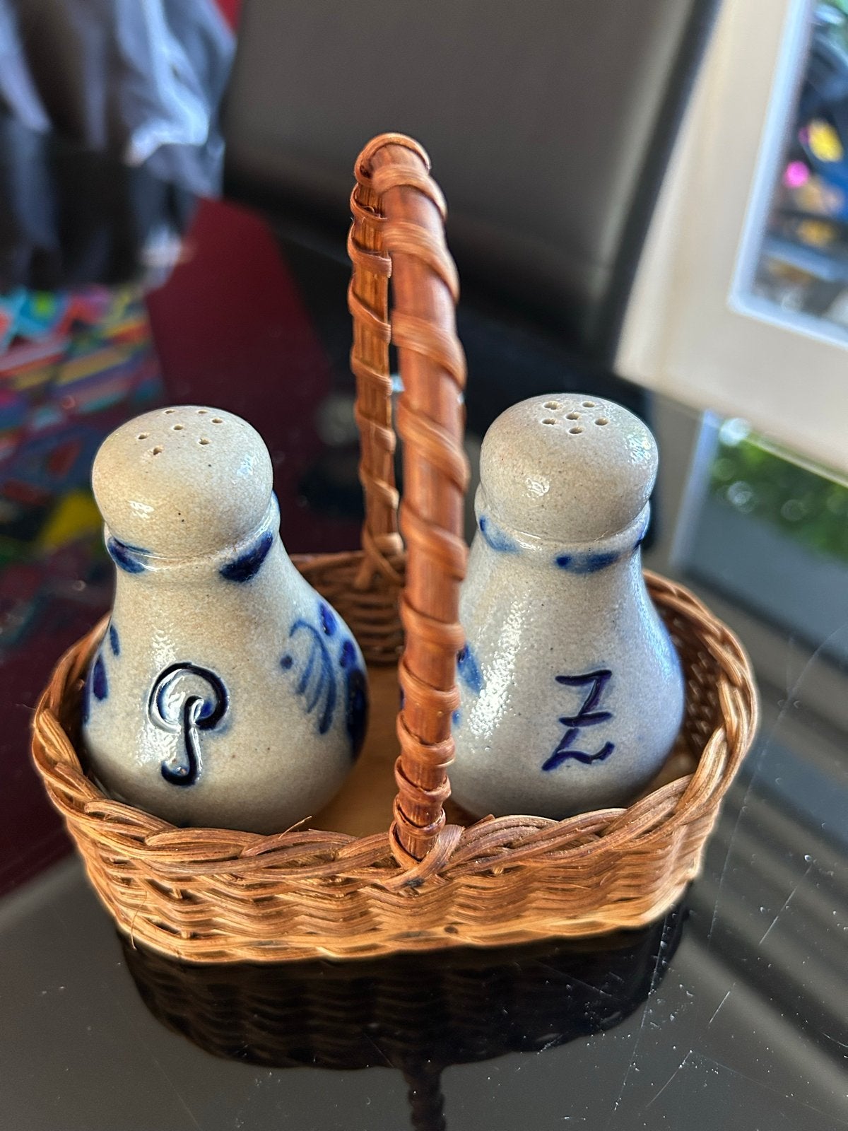 Vintage Zout- en Peperstel in Rietmandje, Ophalen of Verzenden