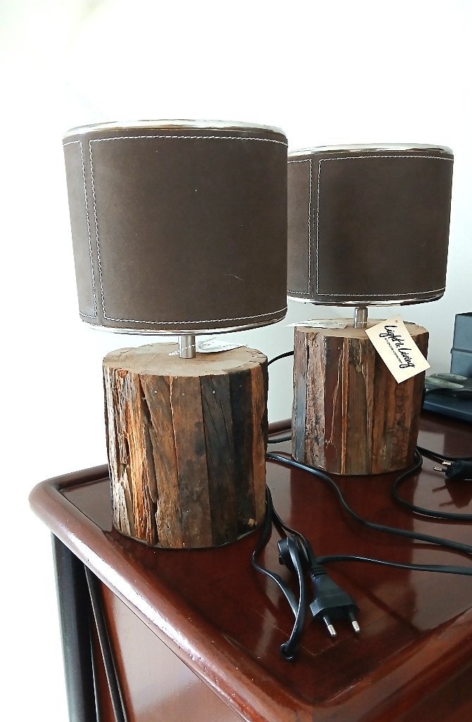 Houten Tafellampen Set - Unieke Boomstamvoet, Huis en Inrichting, Scandinavisch, Inclusief lichtbron, 35 cm, Sfeerlamp