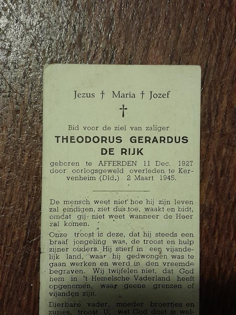 Bidprent dwangarbeider Afferden De Rijk, Ophalen of Verzenden