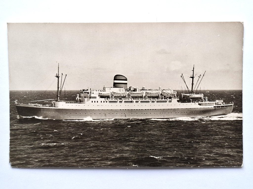 ansichtkaart uit 1954: s.s. Maasdam (Holl. America Lijn), Verzamelen, Verzenden, Zo goed als nieuw, Motorboot, Kaart, Foto of Prent
