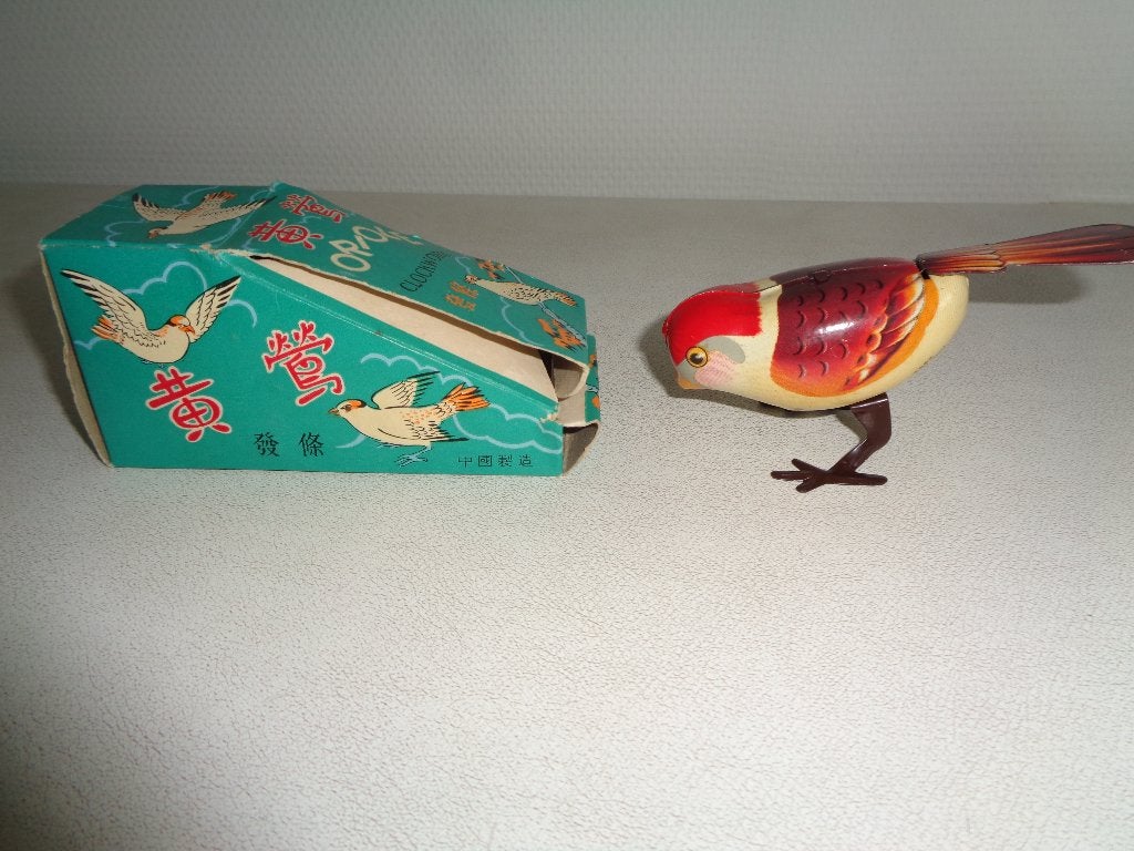 Vintage Opwindbaar Blikken Vogeltje met Originele Doos, Ophalen of Verzenden