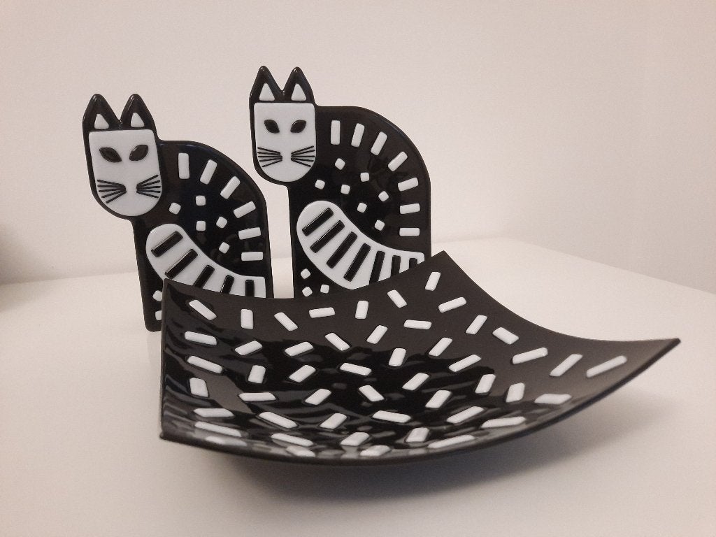 twee glazen katten en een glazen schaal nieuw, Zwart, Nieuw, Ophalen of Verzenden, Modern