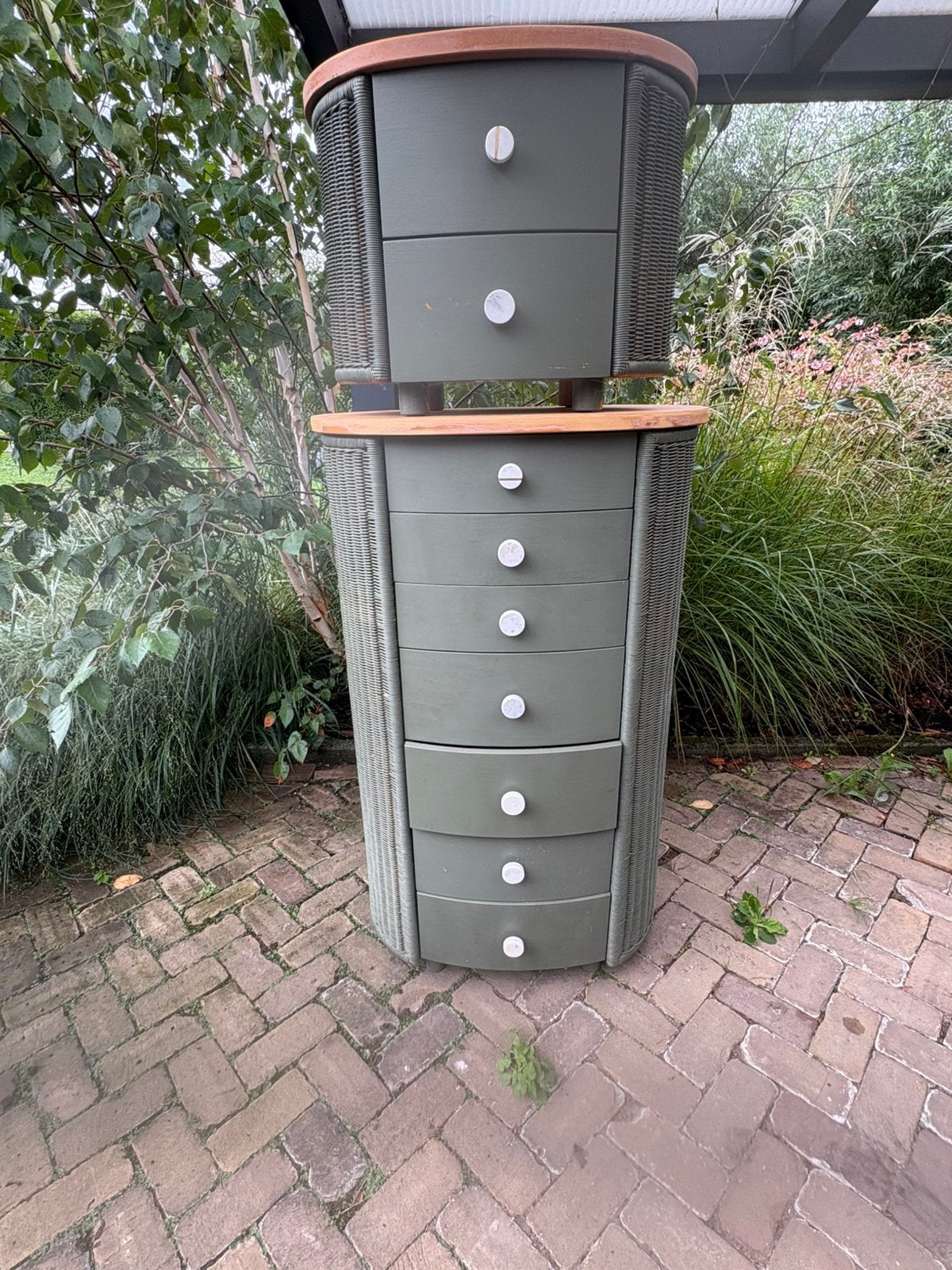 2 groene rotan ovale ladenkastjes, Huis en Inrichting, Kasten | Ladekasten, Gebruikt, Grenenhout, 3 of 4 laden, Minder dan 100 cm