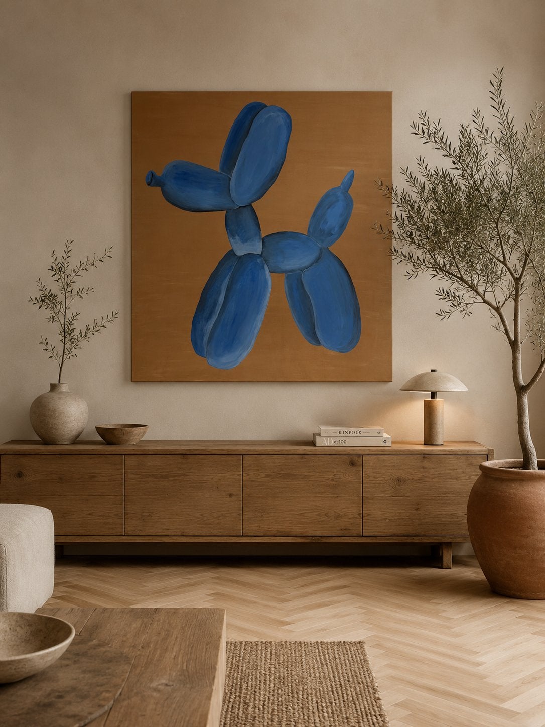 Balloon dog blauw schilderij hond goud paneel groot japandi, Ophalen