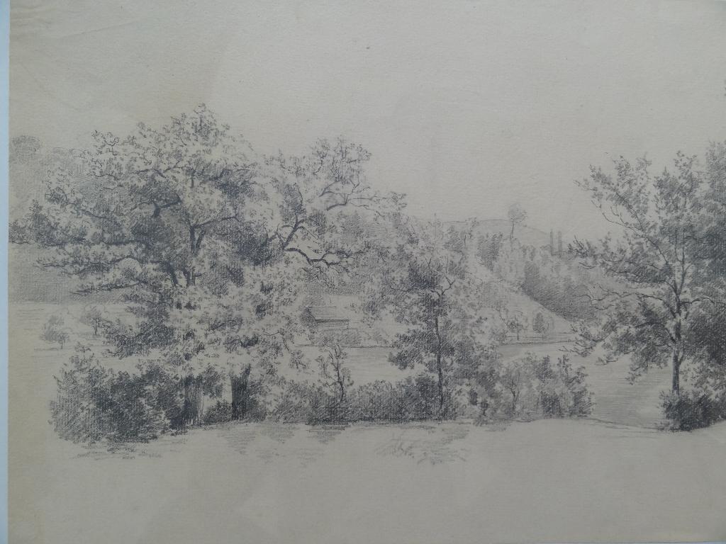 Potloodtekening landschap met bomen beekje Anna Willi 1891, Verzenden