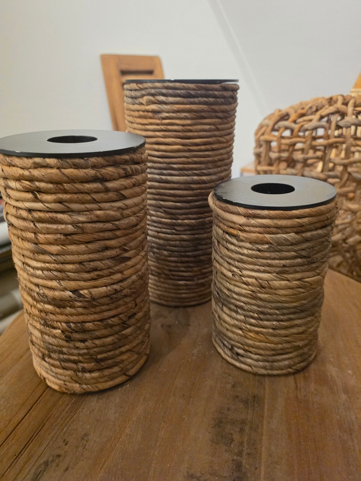 Set van 3 rotan waxinelichthouders, Gebruikt, Bruin, Natuurlijk materiaal, Waxinelichthouder