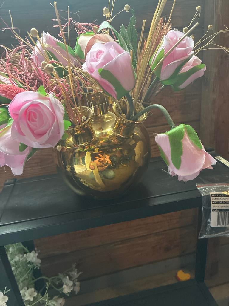 Kunstbloemen boeket met gouden vaas - Roze rozen, Ophalen, Binnen, Roze, Textiel