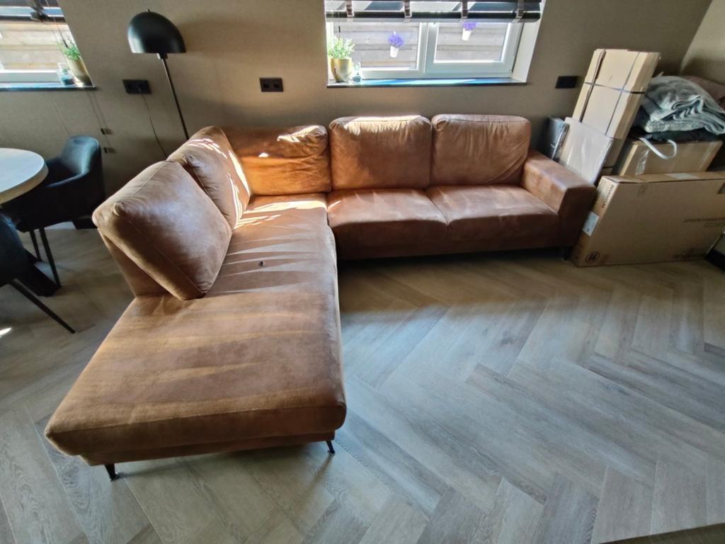 Nette hoekbank micro leder Cognac  direct ophalen, Ophalen, Gebruikt