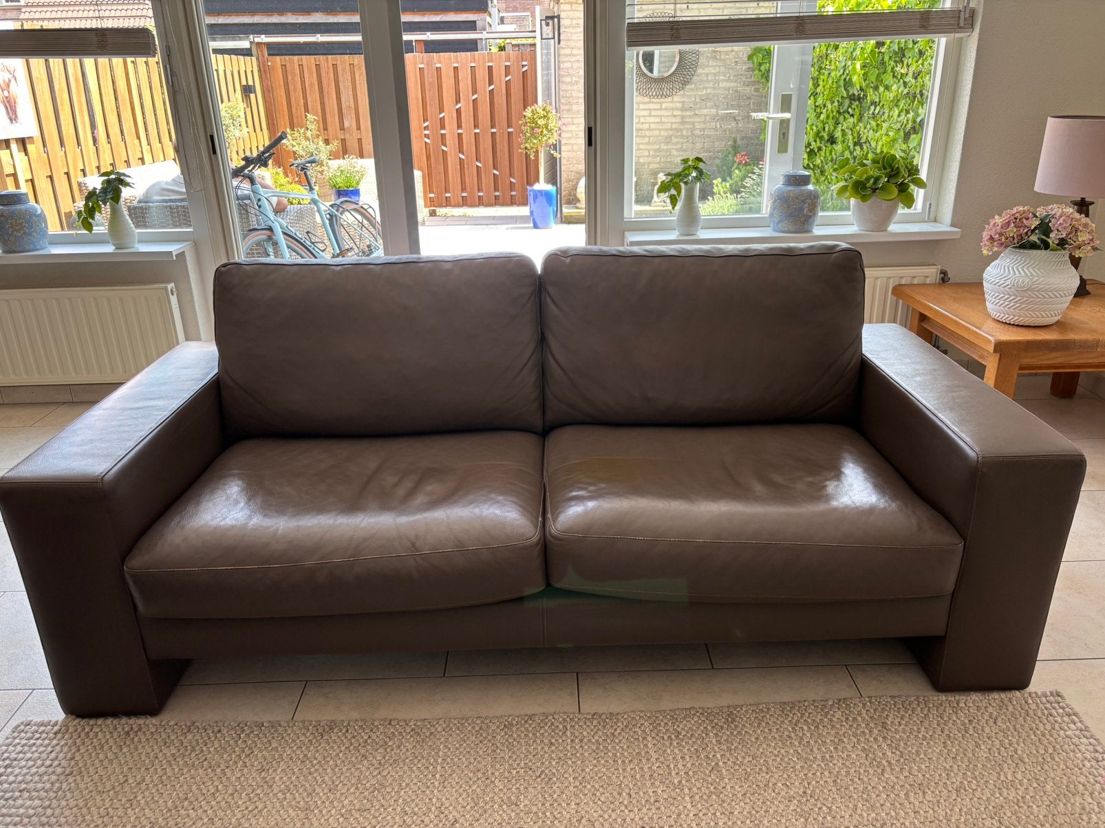 Bankstel  leer 2 x 200 cm goede staat Machalke kleur taupe, Ophalen, Gebruikt, 150 tot 200 cm, Tweepersoons