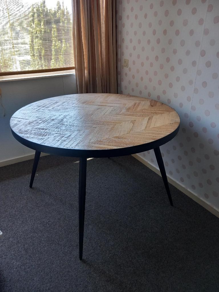 Houten eettafel met metalen poten, Rond, Zo goed als nieuw, Modern, Vier personen