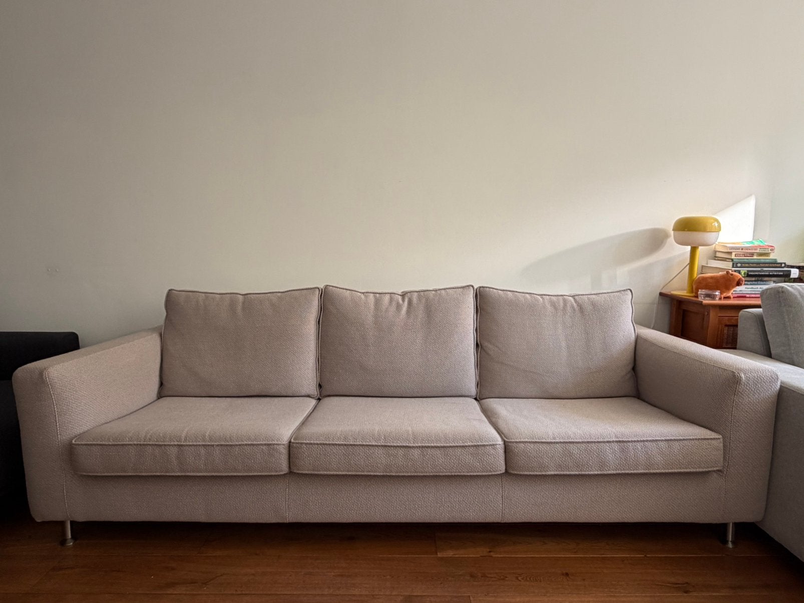 Minotti bank driezits lichtbeige ploegwol, Ophalen, Driepersoons, 75 tot 100 cm, Zo goed als nieuw