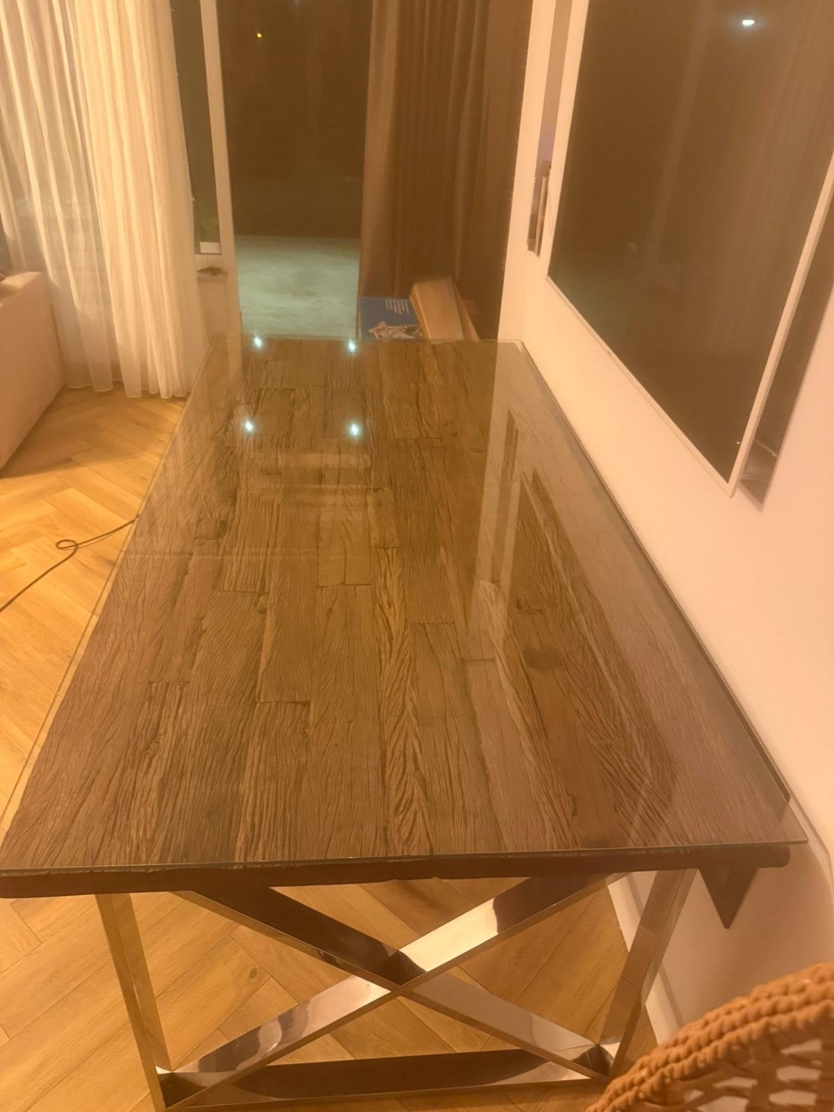 Elegante grote eettafel (Hout & Chroom) + Glasplaat, Ophalen, Eikenhout, 50 tot 100 cm, Zo goed als nieuw