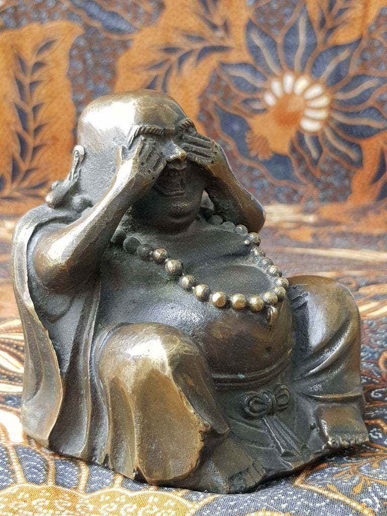Mooi zwaar oud Chinees brons beeldje van Boeddha 9 cm., Handgemaakt, Ophalen of Verzenden, 9 cm, China