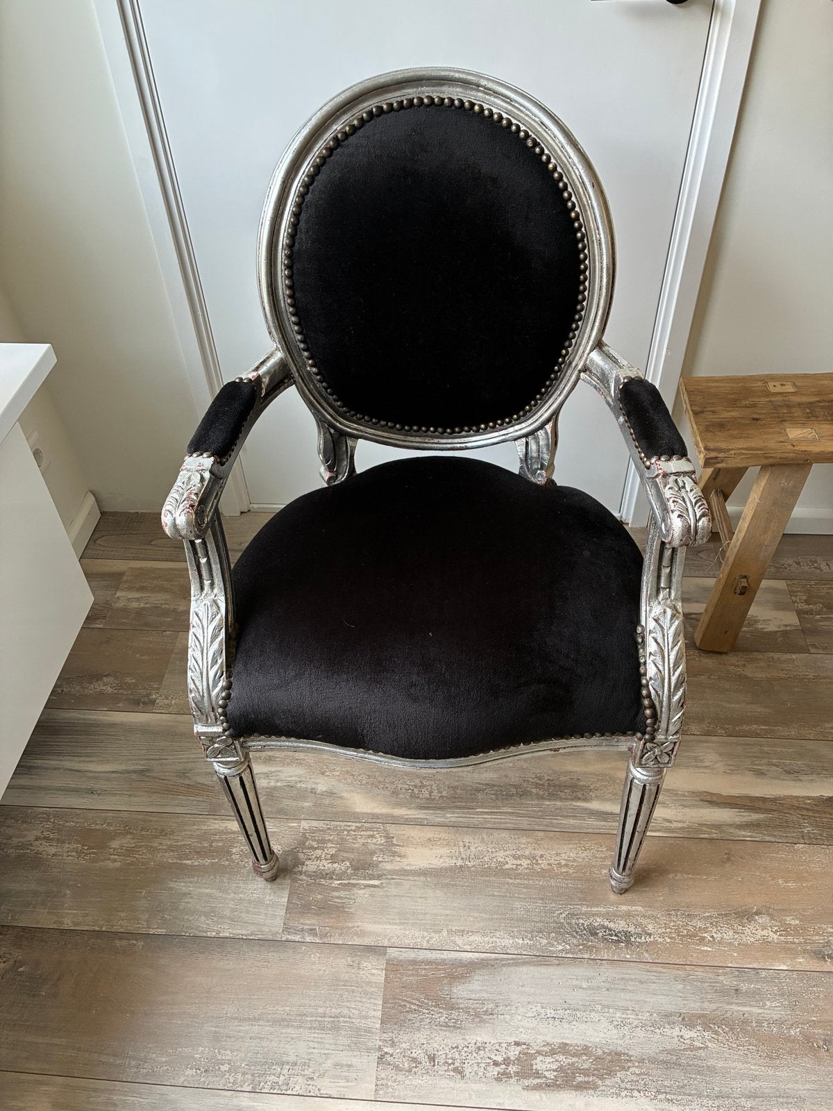 Elegante Barok Fauteuil Zwart Fluweel Zilveren Frame, Antiek en Kunst, Ophalen