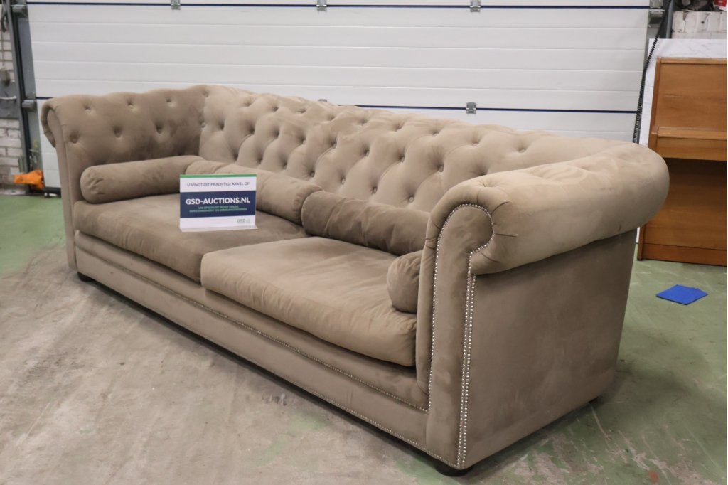 Hoekbank in beige fluweel met capitonnés rug - 260cm, Huis en Inrichting, Ophalen of Verzenden, Niet ingevuld, Niet ingevuld, Niet ingevuld