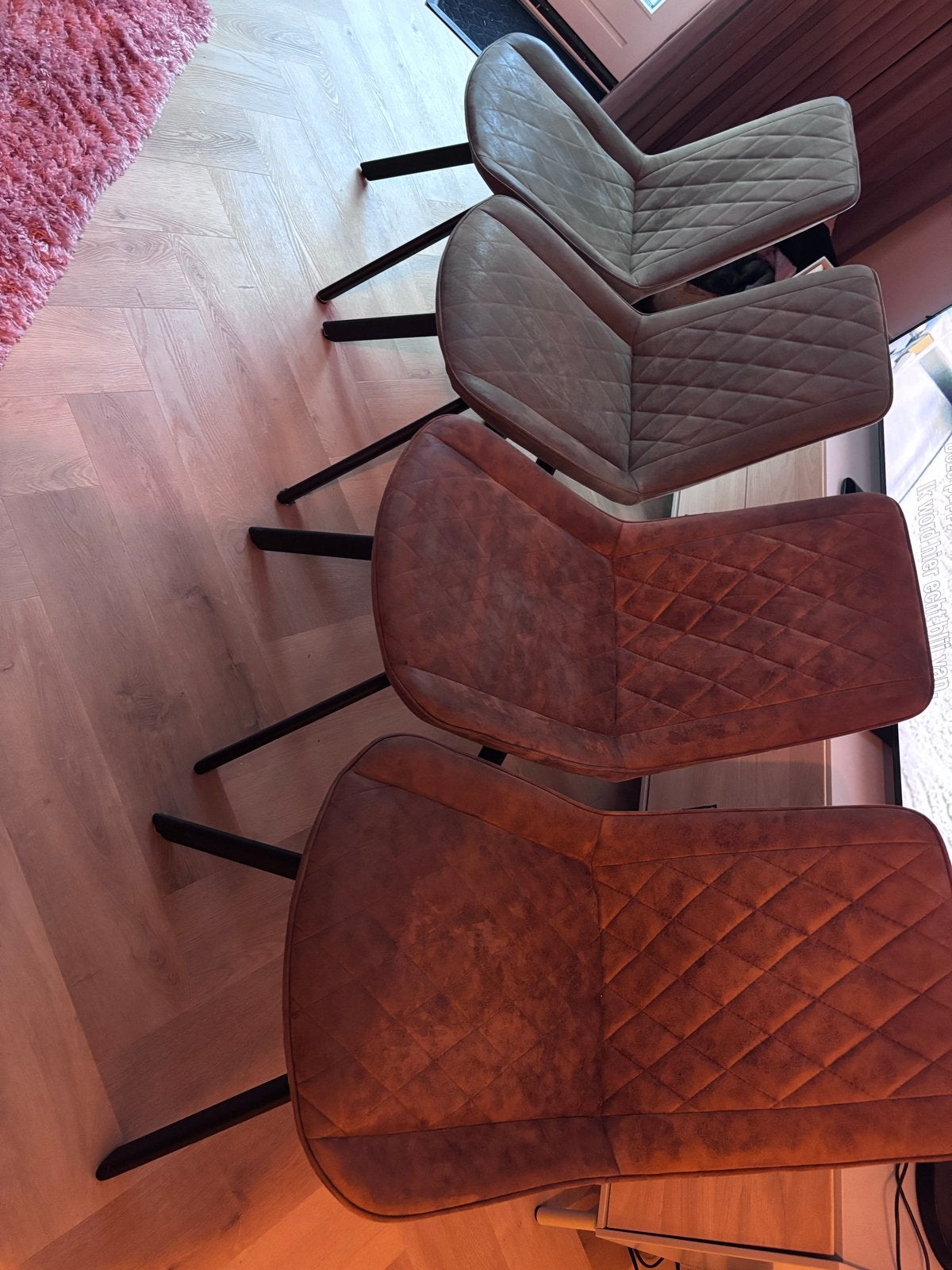 4 De Bommel stoelen: 2 olijfgroen, 2 roestkleurig, Huis en Inrichting, Stoelen, Gebruikt, Overige kleuren, Ophalen of Verzenden