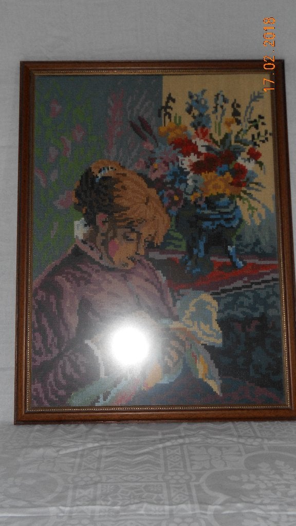 Geborduurd schilderij “De borduurster”, Ophalen of Verzenden, Zo goed als nieuw, Minder dan 50 cm, Overige typen