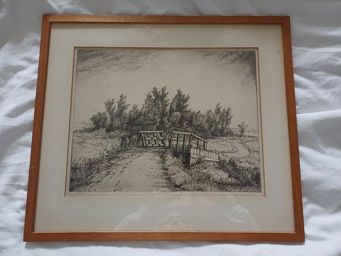 Mooie ingelijste Ets van Jan Coenraad Nachenius Landschap, Ingelijst, Ets, Ophalen of Verzenden, Landschap