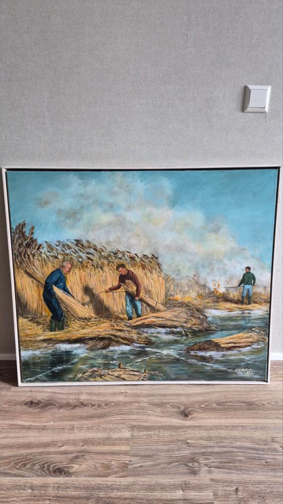 Schilderij C.G. Eulink - Rietsnijders op het ijs, Ophalen of Verzenden
