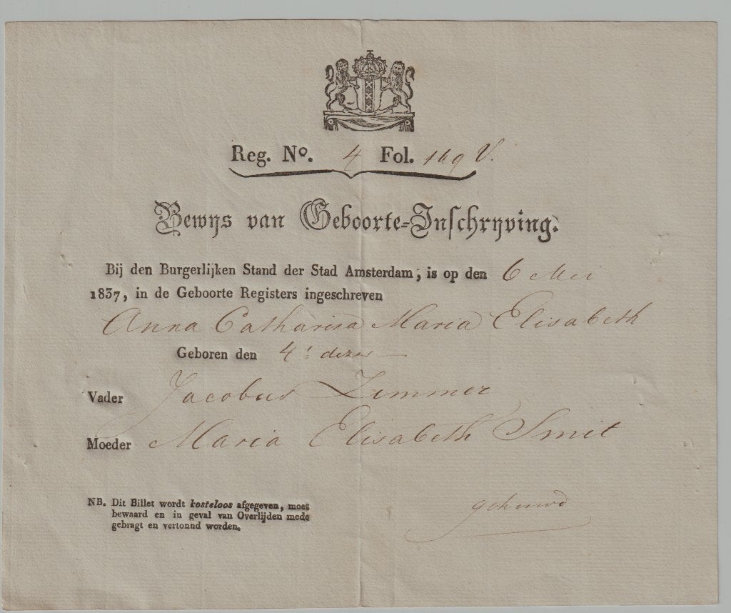 Amsterdam Bewijs van Geboorte 1837 Anna Catharine Zimmer, Ophalen of Verzenden