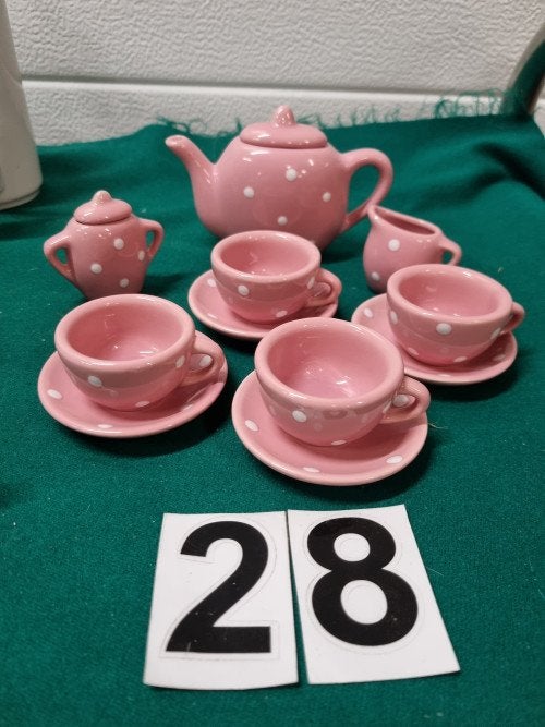 mini servies roze met witte stippen, Ophalen of Verzenden