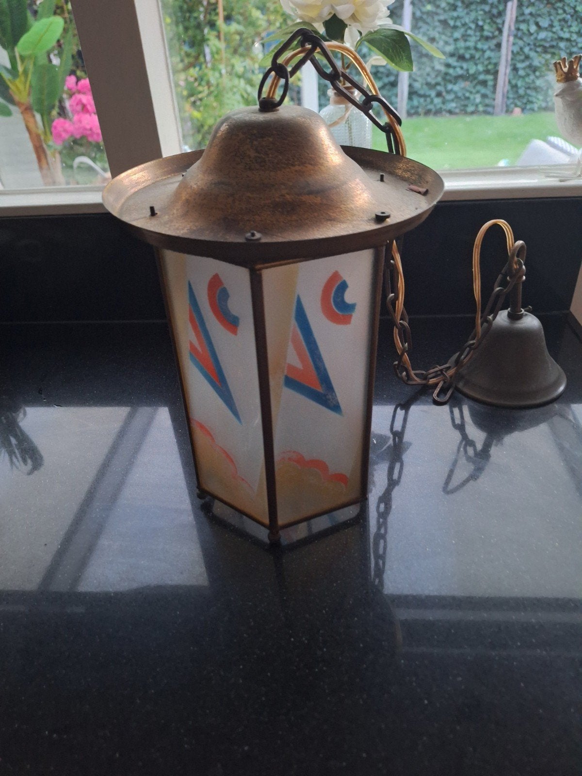 Koperen hanglamp met glas in lood details, Ophalen