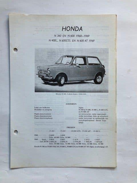Honda N360 N400 N600 GTL AT 1968-1969 Specificaties, Ophalen of Verzenden