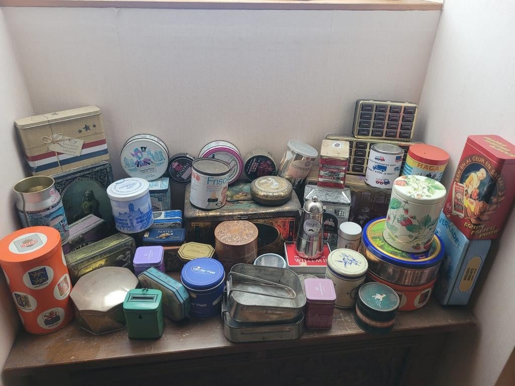 Grote collectie vintage blikken en trommels, Verzamelen, Ophalen of Verzenden, Gebruikt, Overige, Overige merken