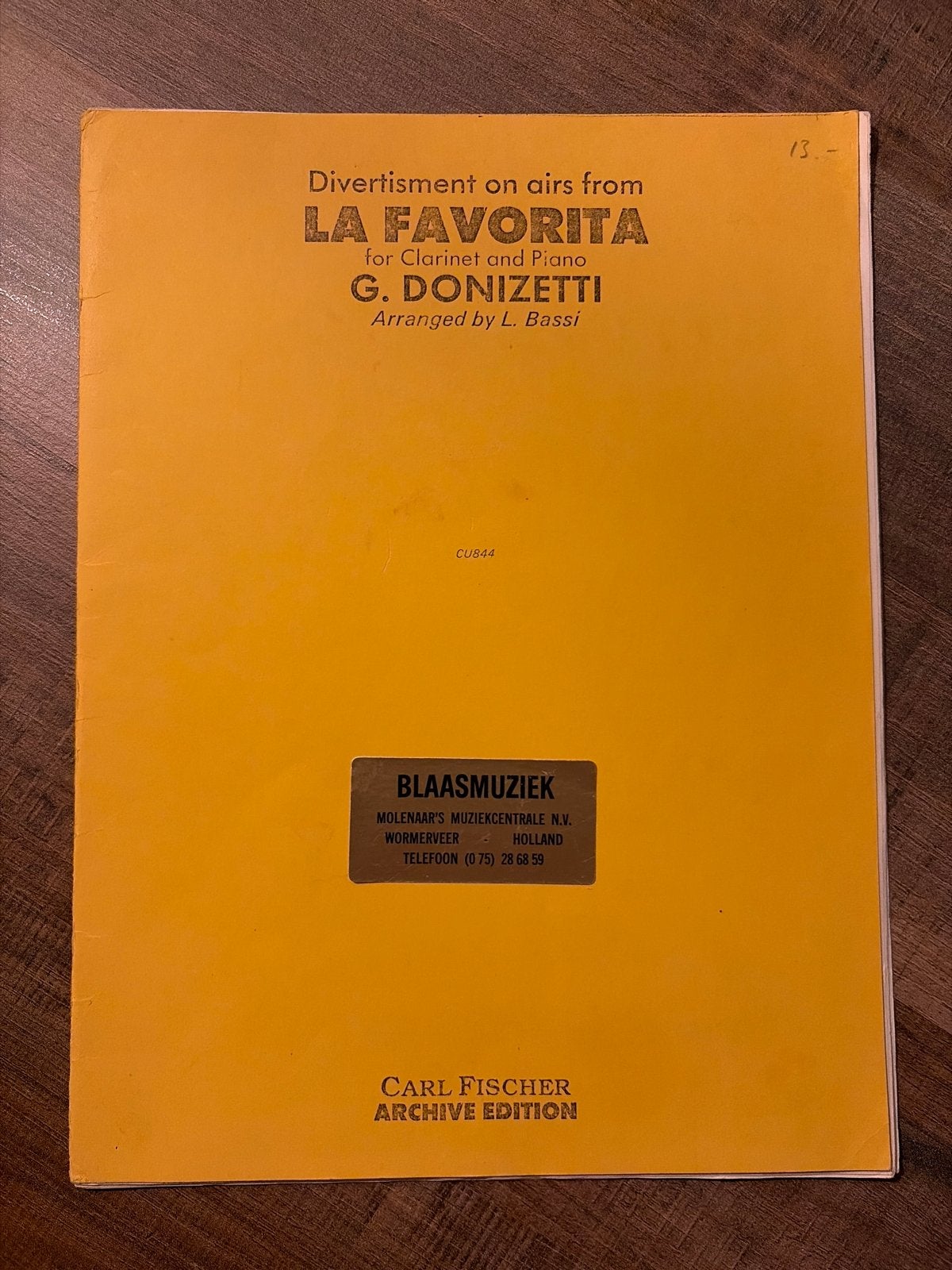Divertissement op aria's uit La Favorita voor klarinet en pi, Gebruikt, Klassiek, Ophalen of Verzenden, Klarinet