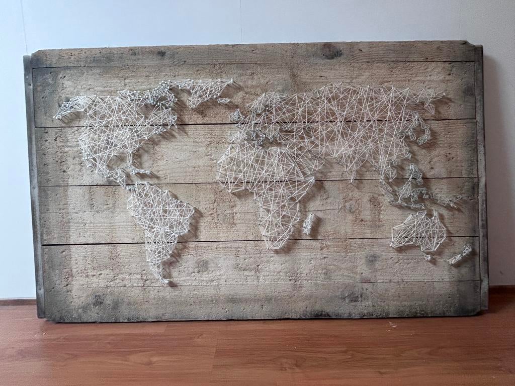 STRING ART | WORLD MAP | 124x75cm, Eigen ontwerp, Hout, Decoratieobject, 75 cm