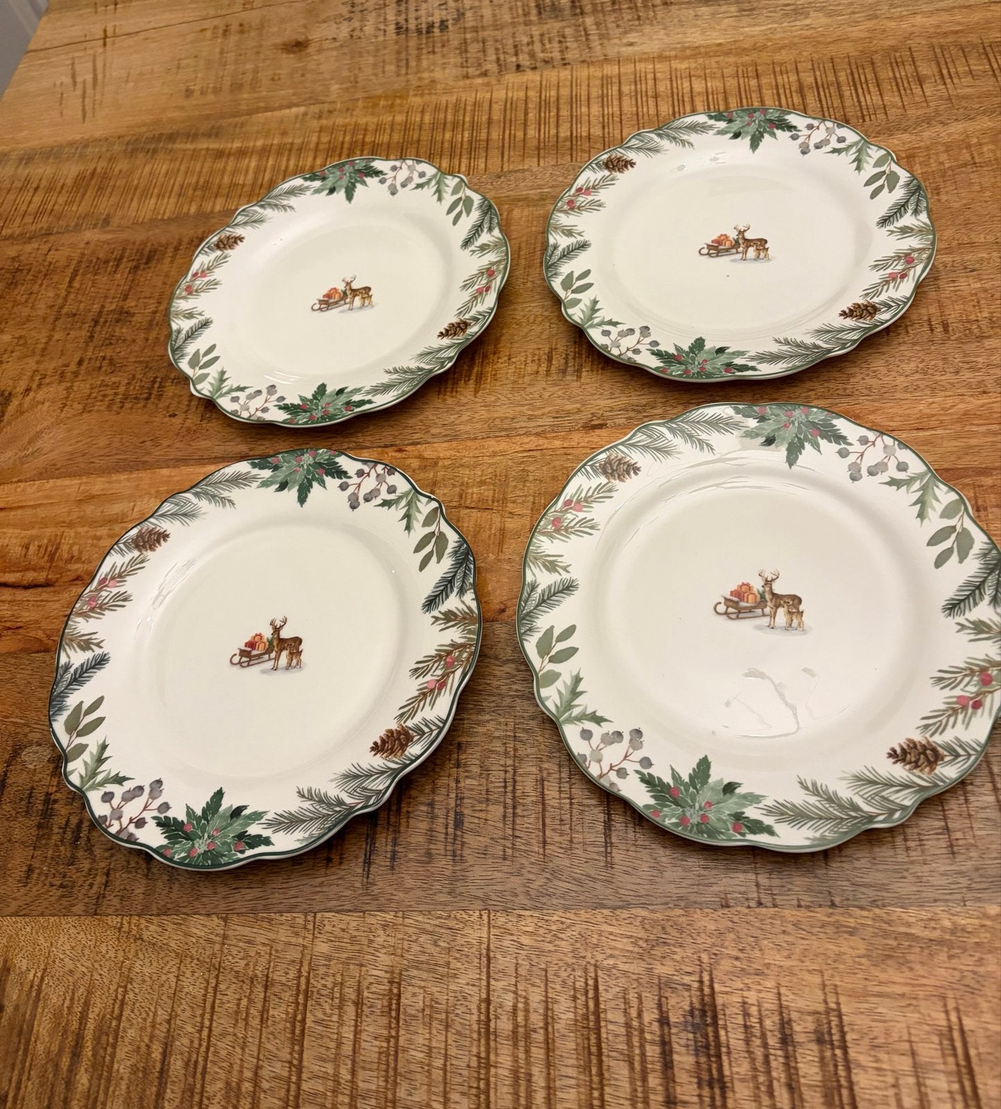 4 Kerst dinerborden met herten en dennenappels, Huis en Inrichting, Klassiek, Nieuw, Ophalen of Verzenden, Bord(en)