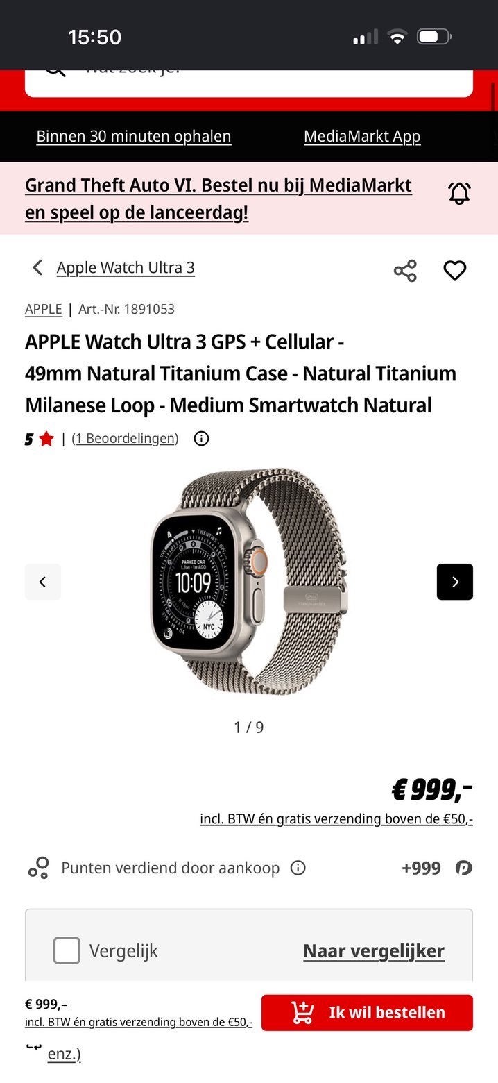 Apple Watch Ultra 3 GPS met factuur, Ophalen, GPS, Zo goed als nieuw, IOS