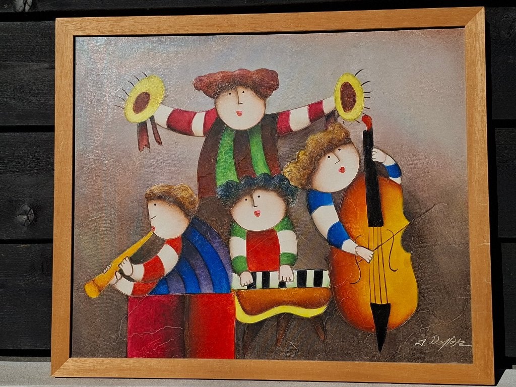Schilderijen muzikanten, naïve kunst, Handgeschilderd, Acrylverf, Hout, Ophalen of Verzenden