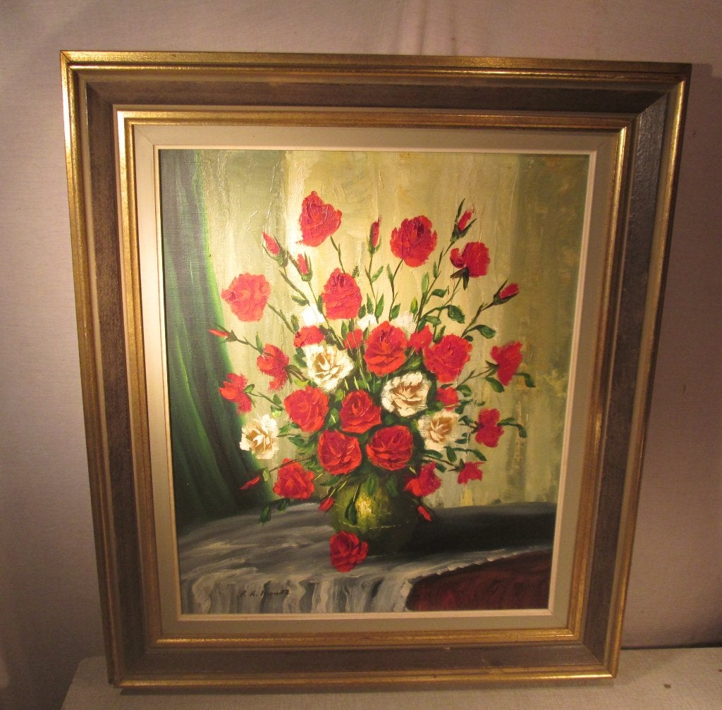 Mooi Geschilderd Werk 'Bloemen in ketel' - gesigneerd, Bloemen, Doek, Ophalen of Verzenden, Bijzondere lijst