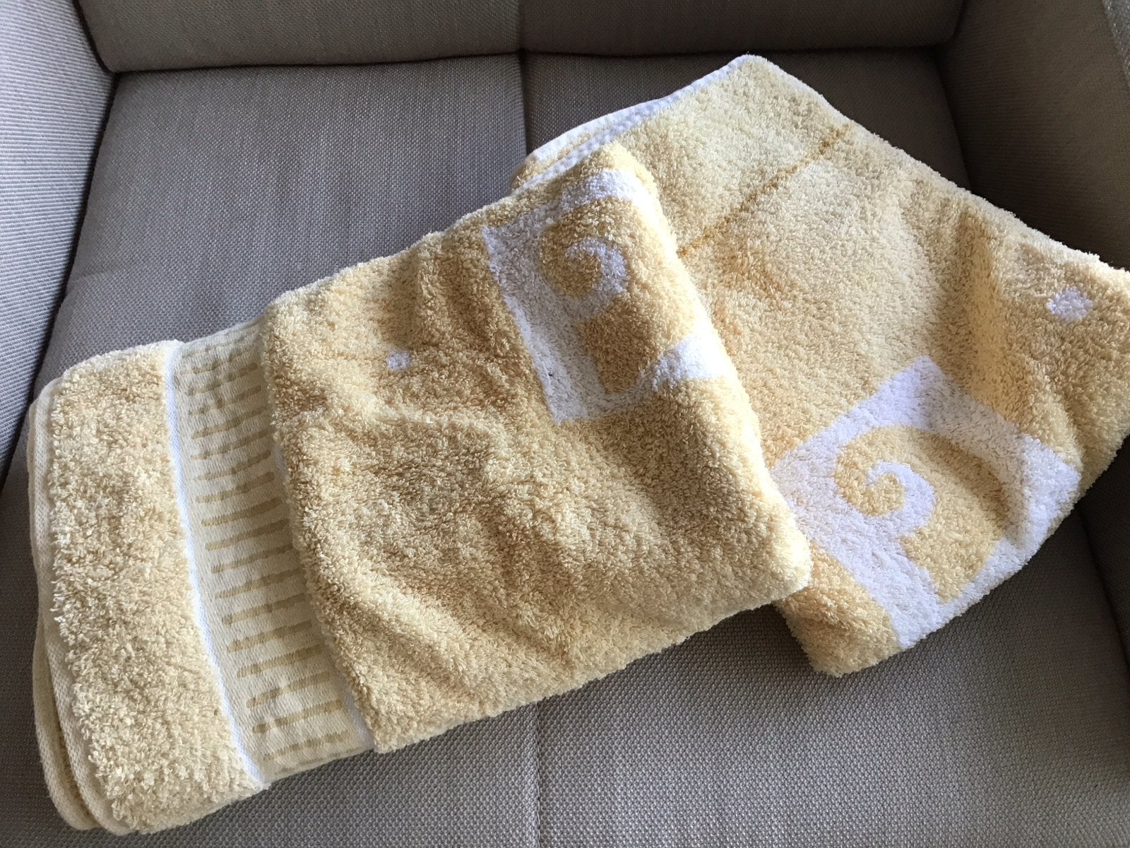 2 nieuwe badlakens 65x130 cm, Ophalen of Verzenden, Nieuw, Geel, Handdoek