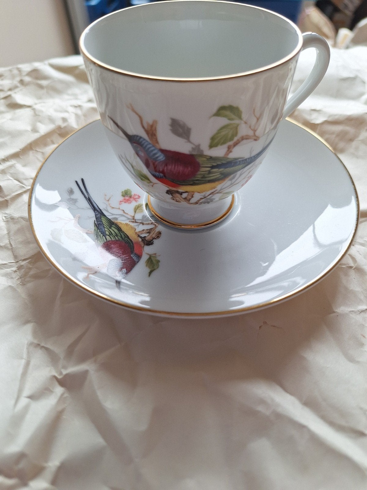 Vintage porseleinen kop en schotel met vogeldecor, Antiek en Kunst, Ophalen of Verzenden