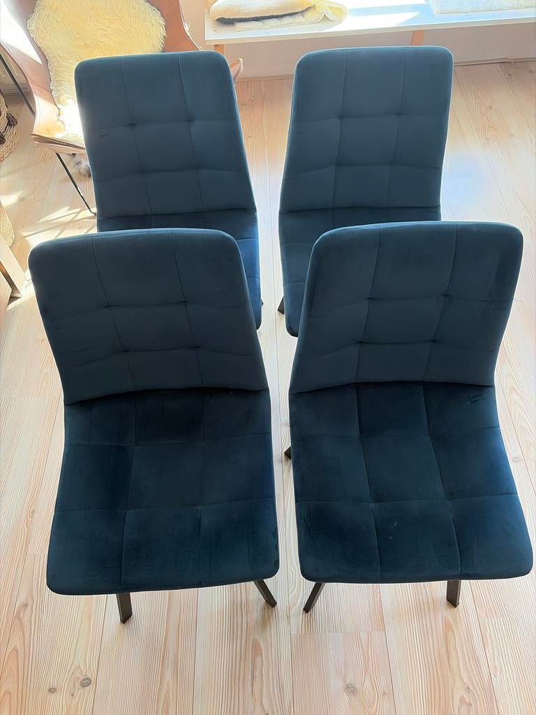 4 gebruikte blauwe eetkamerstoelen, Ophalen, Gebruikt, Blauw, Vier