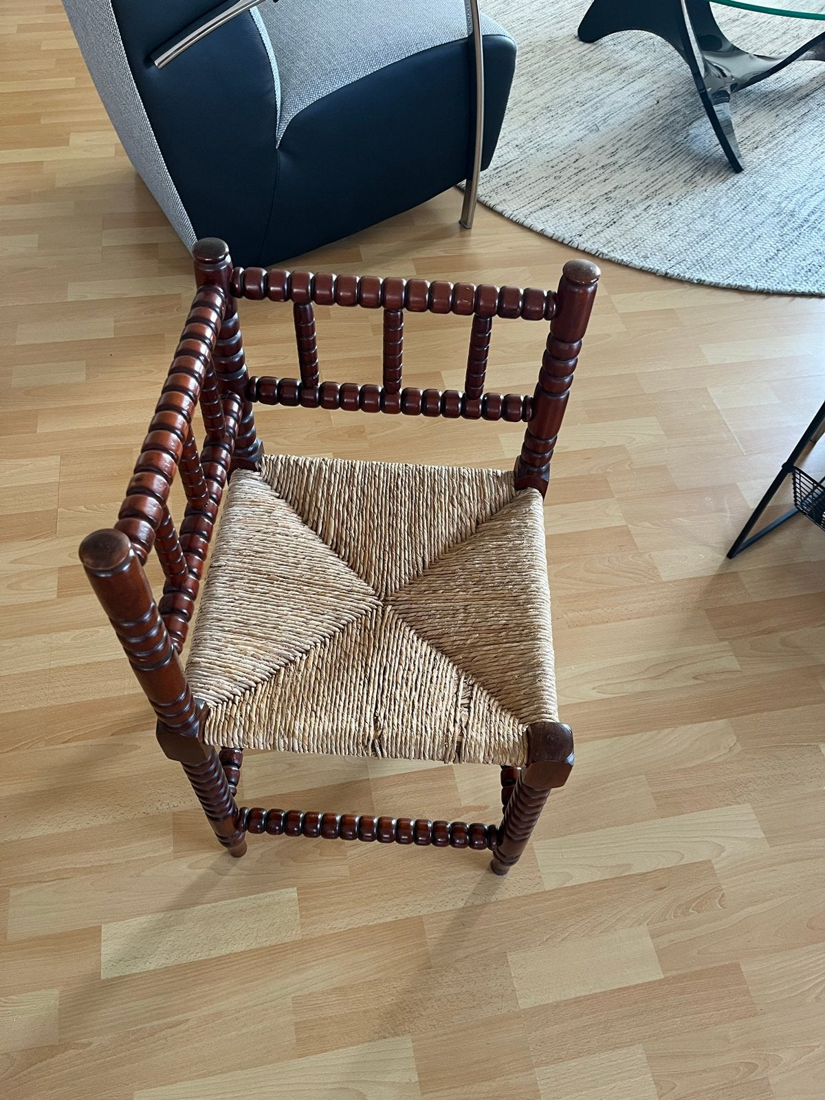 Hoek-stoel met rieten zitting, Ophalen, Bruin, Hout, Eén