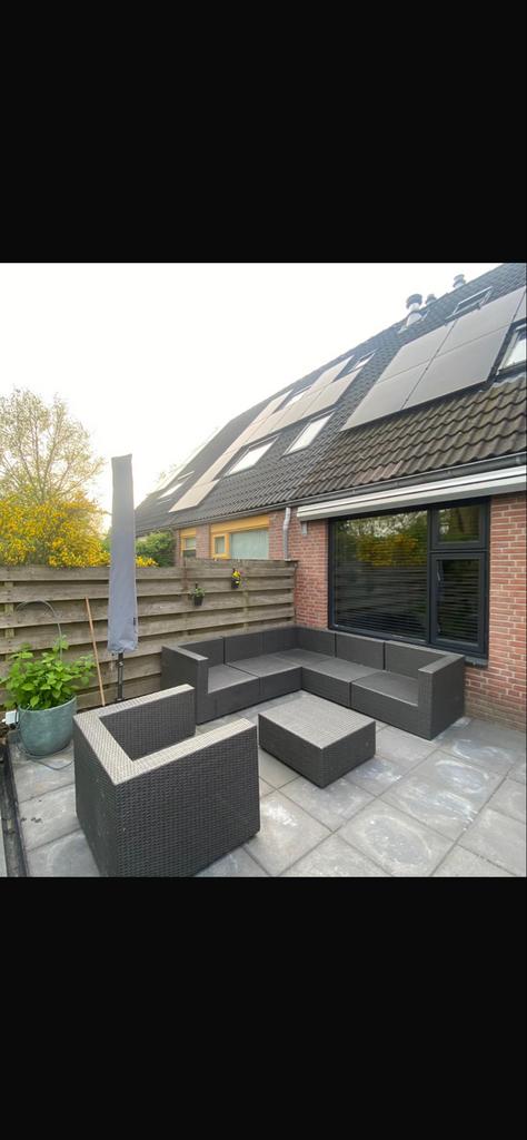 Nette tuinbank met stoel en antraciet kussens, Ophalen, Gebruikt, Wicker