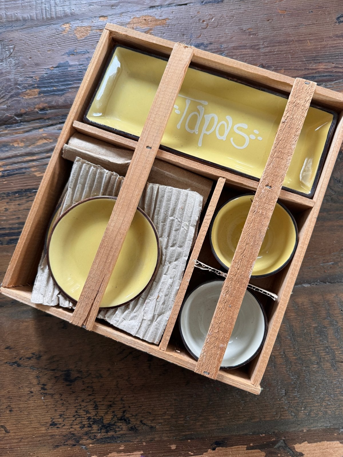 Gele Tapas Schaaltjes Set in Houten Kistje, Ophalen, Gebruikt, Overige merken, Keramiek
